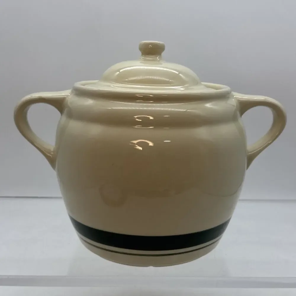 Roseville Ohio 3 Qt. Bean Pot Cookie Jar with Lid Green Stripes READ